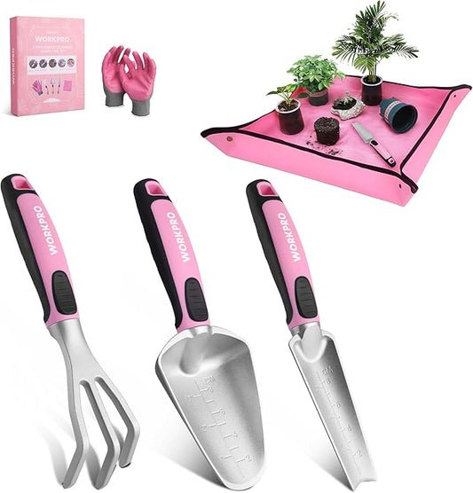 WORKPRO 5PCS Garden Tool Set, Powder Coating Compact Aluminum Gardening Tool Set with Repotting Mat, Outdoor Garden Hand Tools, Ideal Gardening Gift, Pink