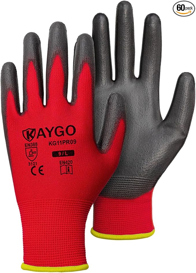 KAYGO Safety Work Gloves PU Coated for men and Women, 60 Pairs KG11P Seamless Knit Glove with Polyurethane Coated Smooth Grip on Palm and Fingers, Ideal for General Duty Work (L, Red)