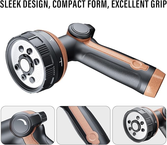 Heavy Duty Garden Hose Nozzle, 100% Metal Water Hose Sprayer with 8 Spray Patterns, High Pressure Hose Nozzle with Thumb Control, On Off Valve, for Lawn & Plant Watering, Car & Pet Washing