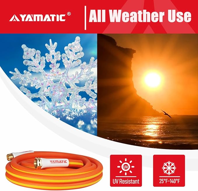YAMATIC garden hose 5/8" x 30 FT, 600 PSI drinking water safe hose – All-Weather 30 ft garden hose with kink resistant 3/4" GHT Brass Fittings