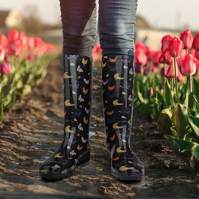 DaeRainy Tall Rain Boots for Women, Knee High Waterproof Slip On Garden Boots