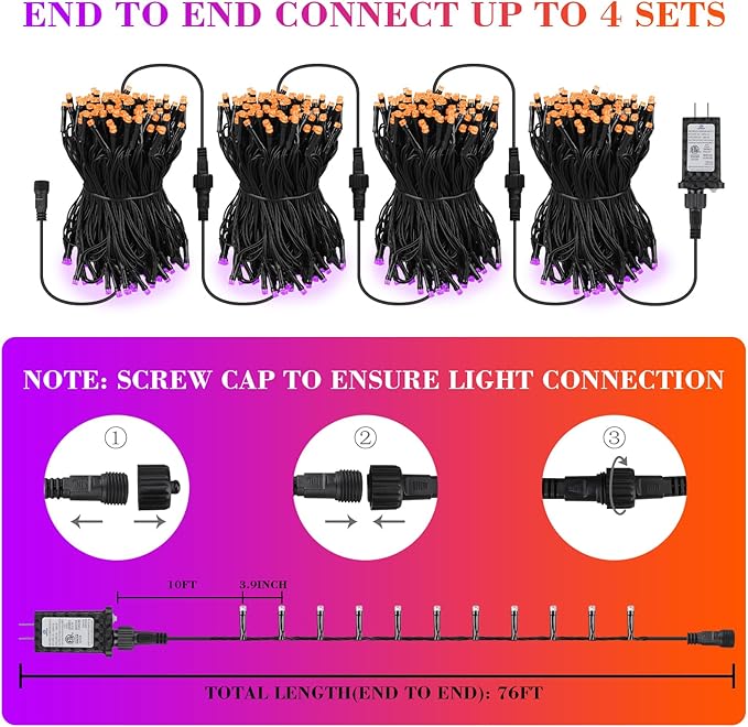 66FT 200 LED Halloween String Lights, Twinkle Lights with 8 Modes and Timer, Outdoor Waterproof Halloween Tree Lights for Room Bedroom Wedding Party Holiday Decorations, Purple and Orange