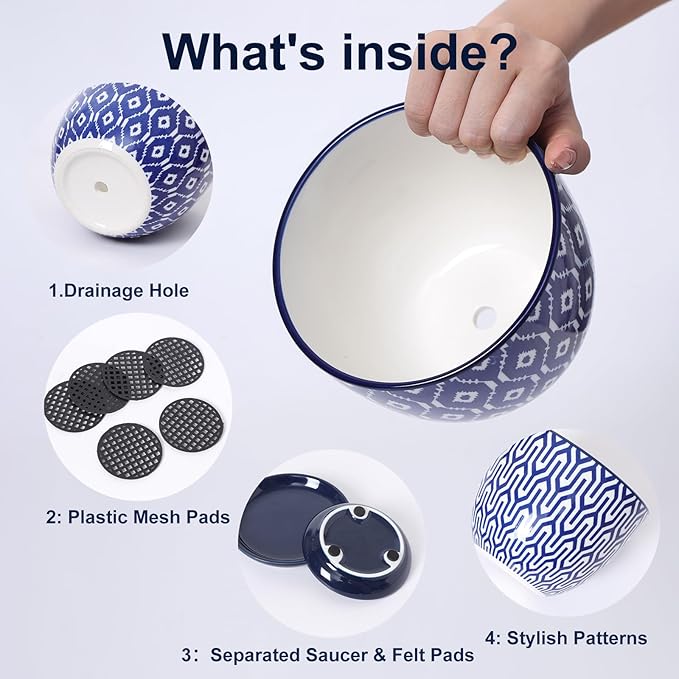 Selamica Ceramic Plant Pots, 5.6 Inch Flower Pots for Indoor Plants with Drainage Hole and Saucer,Home Decor, Set of 4, Vintage Blue