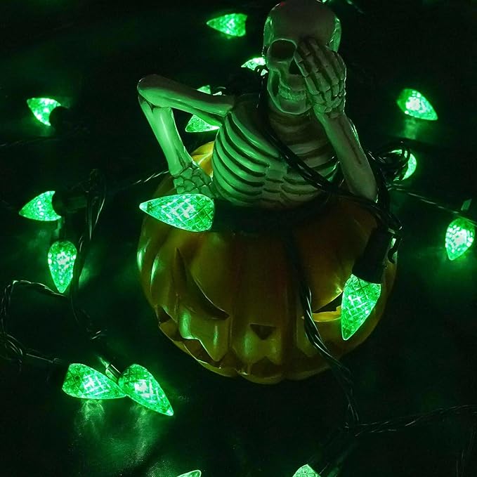 2 Pack C6 Halloween Lights Outdoor Indoor, Total 200 LED 66 FT Connectable Christmas String Lights with Timer & 13 Modes, Waterproof Twinkle Light for Porches Tree Horror Party Decorations (Green)