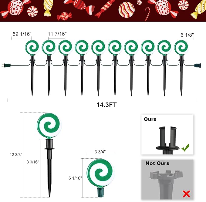 Ultimate Unicorn Christmas Pathway Lights, Green Peppermint LED Lollipop Lights for Outdoor Decoration, With Stakes for Yard, Sidewalk, Garden, Rooftop
