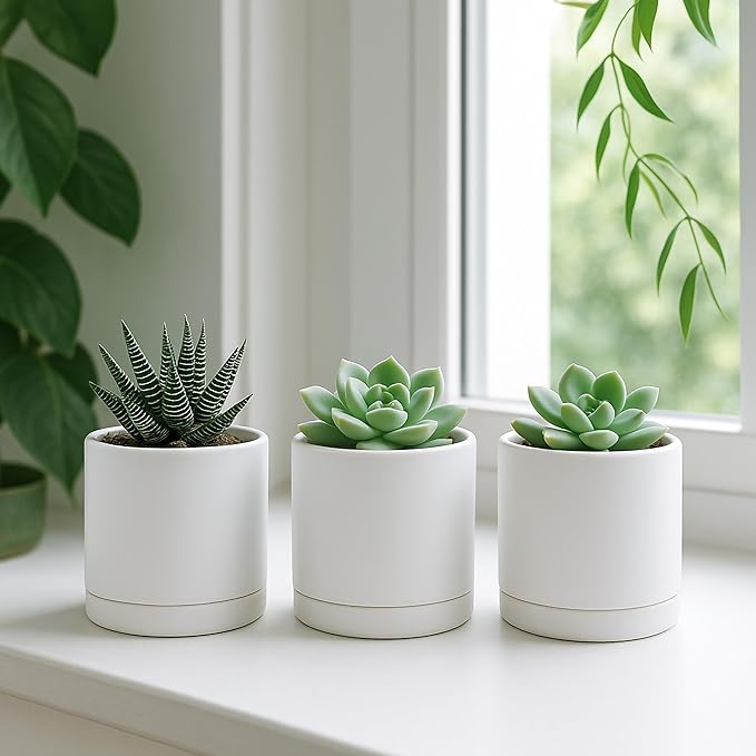 D'vine Dev Set of 3 Plants Pots, 3.5 Inch Ceramic Planter Pot for Plants with Drainage Hole and Saucer, White, 94-N-A-1