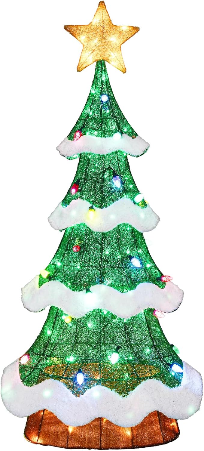 Hykolity 5 ft. Christmas Tree with Star Topper, Metal Frame Outdoor Decor, Multi-Color Bulbs + Green LEDs, Lighted Holiday Displays