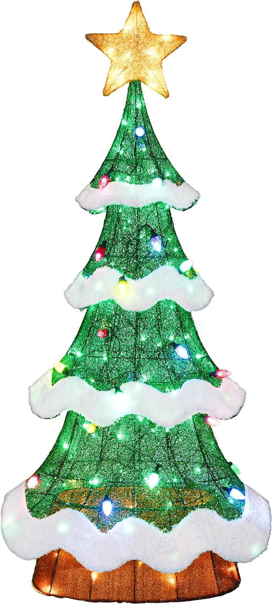 Hykolity 5 ft. Christmas Tree with Star Topper, Metal Frame Outdoor Decor, Multi-Color Bulbs + Green LEDs, Lighted Holiday Displays