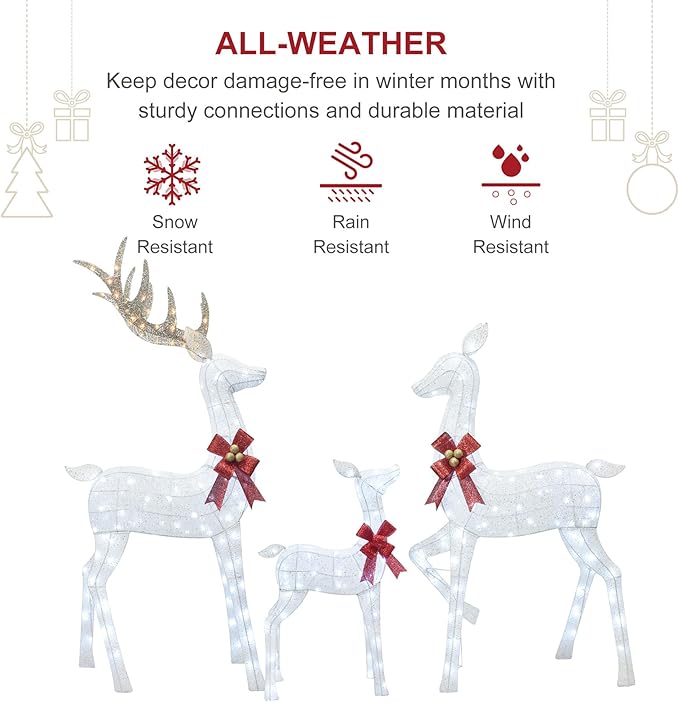 HOYECHI 6.5 FT Oversized Christmas Decorations Outdoor Lighted Reindeer – 3-Piece 3D Deer Family Set with 340 Warm White LED Lights for Yard, Lawn, Garden & Porch Holiday Display - White