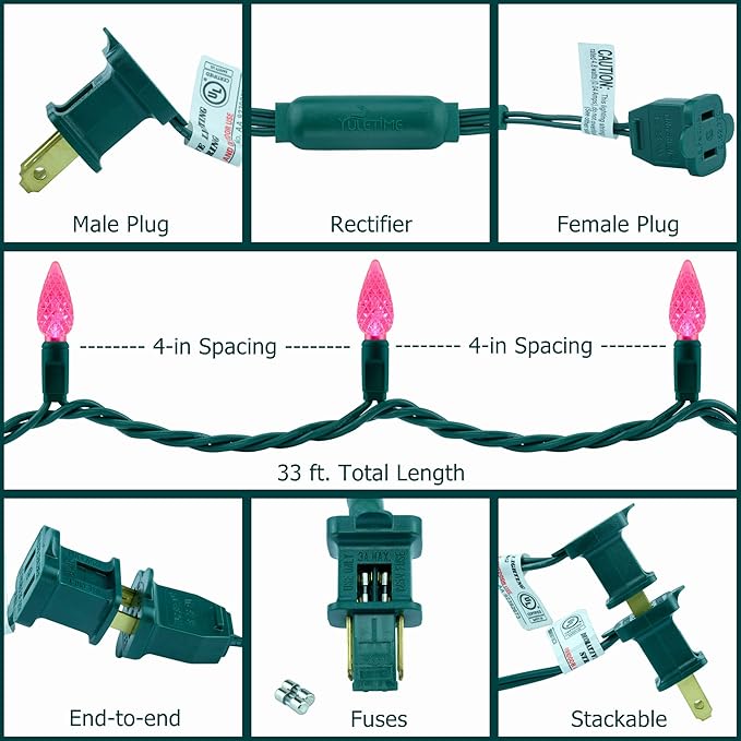 YULETIME Pink C6 Strawberry LED Christmas Lights, 33 ft 100 Count 4" Spacing One-Piece High Waterproof UL Certified String Light (Pink)