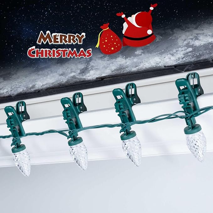 C9 LED Christmas Lights Outdoor, 68 Feet 100 LED Strawberry String Lights with 100 Spring Clamps, Commercial Grade Waterproof Extendable for Outside Roofline Patio Home Xmas Decoration, Pure White