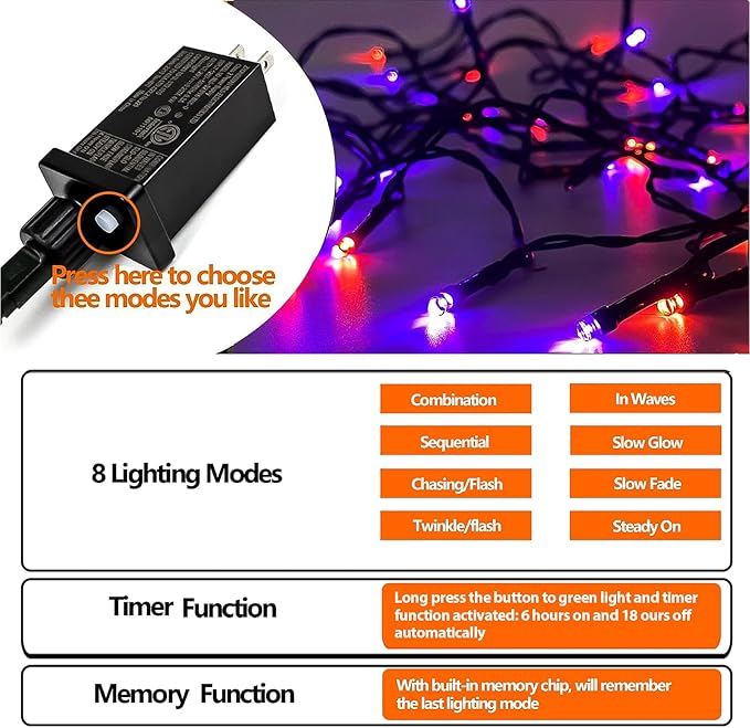 75.8 FT 200 LED Orange and Purple Halloween Tree Lights Indoor Outdoor, Extendable Halloween Led String Lights with Memory Function & Timer & 8 Modes, Waterproof Twinkle Light for Horror Party Decor