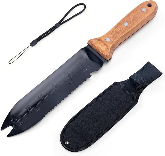 YANG Hori Hori Garden Knife, 7" Stainless Steel Gardening Knife with Oxford Cloth Sheath, Full Tang Beechwood Handle EDC Garden Tool for Dividing Plants & Weeding, Forked Tip for Transplanting
