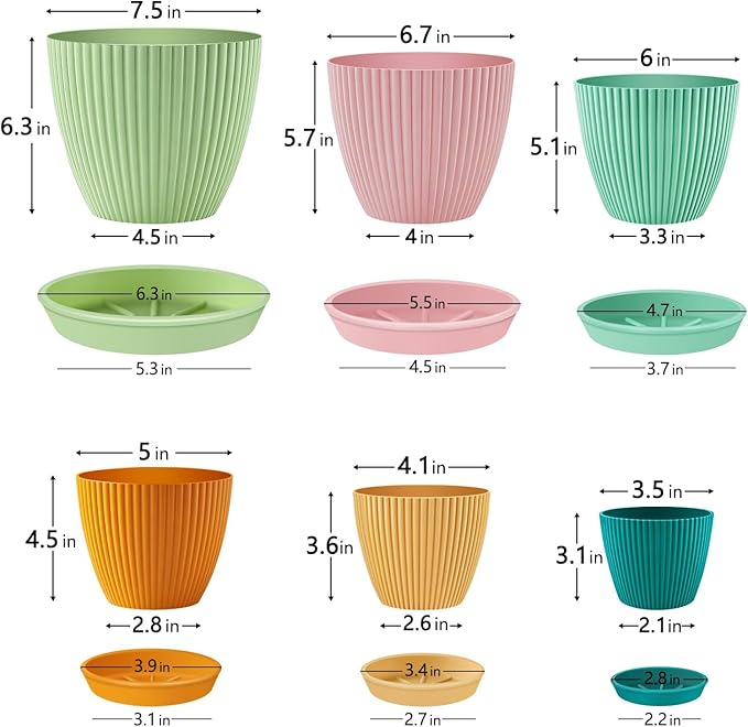 SupKing Plant Pots with Drainage Saucers 7.5/6.7/6/5/4/3.5 Inch Set of 6,Plastic Flower Pots Planters with Multi Mesh Drainage Holes Multicolor Nursery Planting Pot for Indoor Outdoor Garden Plants