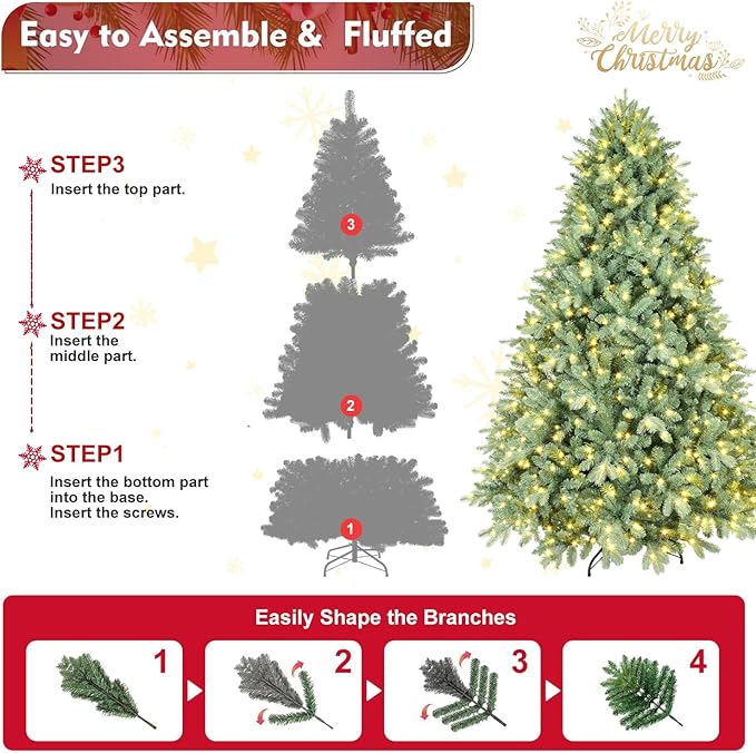 7.5FT Prelit Christmas Tree, Premium Blue Artificial Spruce Christmas Tree with 800 Lights & 2908 PE/PVC Branch Tips, Memory Wire Pre Lit Full Hinged Xmas Trees with Metal Base for Holiday Decoration