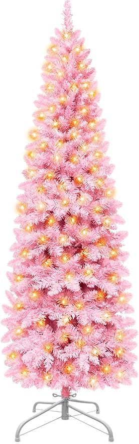 6Ft Prelit Artificial Slim Pink Christmas Tree, 240 LED Warm Lights, 658 Thick Branches, Fire-Resistant, UL Plug, Metal Stand, Hinged Pencil Xmas Tree Christmas Decorations Home Indoor Outdoor