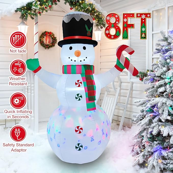 8 FT Christmas Inflatables Giant Snowman Outdoor Decorations,Giant Blow up Snowman with Black Hat,Built-in Rotating Colorful Lights for Yard, Garden, Patio, Lawn Xmas Holiday Decor