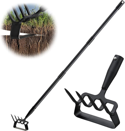 Garden Hoe, Heavy Duty Hula Hoe Garden Tool for Weeding, 62 Inch Cultivator Stirrup Hoe with Adjustable Long Handle, Action Scuffle Loop Hoe with Rake 2-in-1 Gardening Tool for Loosening Pulling Weed