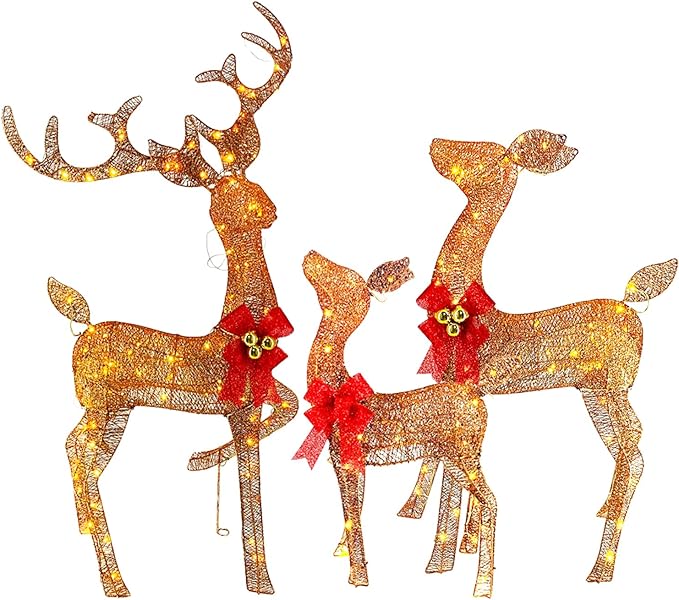 Light Up Christmas Reindeer Outdoor Decor, 240 LED 3-Piece Lighted Family Deer Set. Weatherproof Christmas Yard Reindeer Decoration with Stakes for Outside, Lawn, Garden, Patio, Indoor