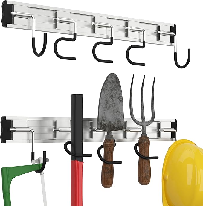 69'' Aluminum Alloy Garden Tool Organizer Wall Mount Garage Organizers and Storage with Hooks Tool Hangers for Shed Hooks for Shovel, Rake, Broom & More