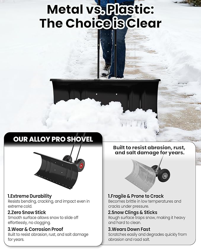 36" Snow Pusher Shovel with Wheels, Adjustable Ergonomic T-Handle Snow Plow for Driveway, Heavy Duty Wheeled Rolling Shovels for Driveway and Sidewalks with Angeled Blade