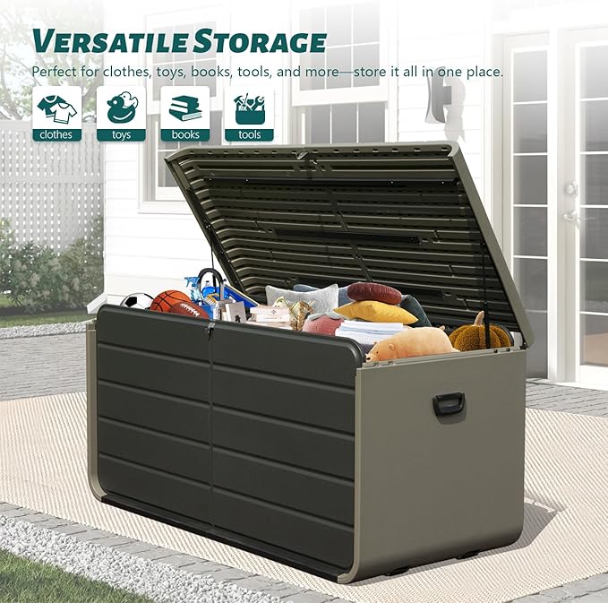 Domi 160 Gallon Outdoor Storage Box – Waterproof, UV-Resistant Deck Box with Lockable Lid for Patio Furniture, Garden Tools, Delivery Packages (Large Resin Storage Bin）