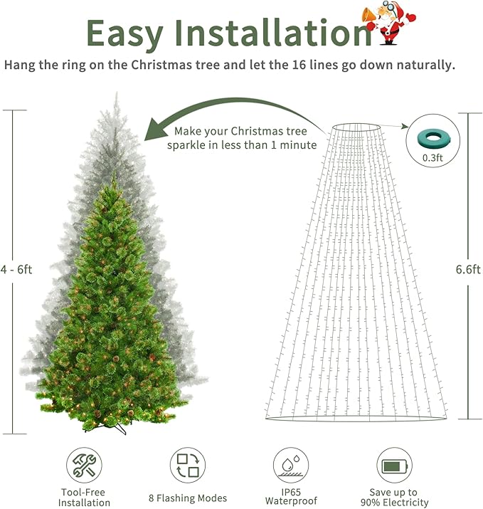 VIL Christmas Tree Lights with Ring,6.6Ft 8 Line 280 LED Green Wire Fairy Waterfall String Lights Plug in,Icicle Twinkle Lights with 8 Lighting Modes for Indoor Outdoor Xmas Tree(Multicolor)