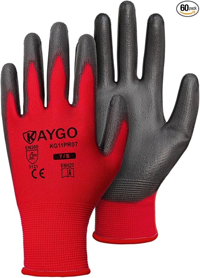 KAYGO Safety Work Gloves PU Coated-60 Pairs Seamless Knit Glove with Polyurethane Coated Smooth Grip on Palm & Fingers, for Men and Women, Ideal for General Duty Work, KG11PR (S,Red)