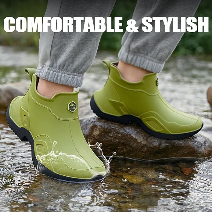 Women's Ankle Rain Boots - Slip On Waterproof Festival & Garden Shoes for Men - Comfortable Lightweight Rubber Wellies with Decorative Buckle