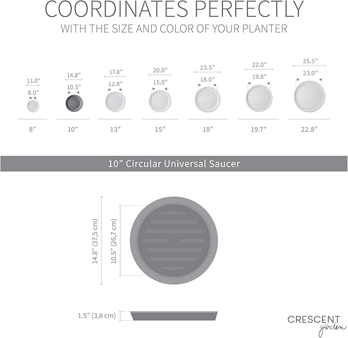 Crescent Garden Universal Round Planter Saucer, Durable Drainage Dish for Plant Pots, Heavy-Duty Plant Dishes Saucer, Indoor & Outdoor Plant Trays - Slate (11 inch Inner, 15 inch Outer Diameter)
