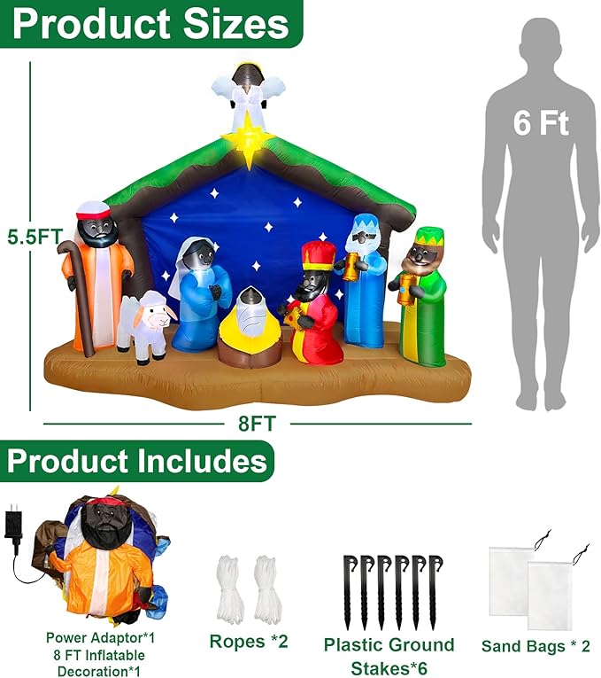 8 Ft Long 5.5 Ft Tall Christmas Inflatables African American Black Nativity Scene Set Outdoor Decorations with Angel, Built-in LED Light Blow Up Black Jesus Manger Set Xmas Inflatable Decor Yard Lawn