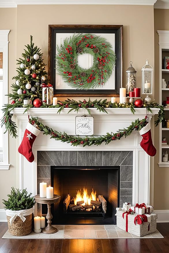 23 inch Norfolk Pine Wreath, Christmas Wreath for Front Door Christmas Door Wreaths with Red Berries Pine Cones Cedar Leaves Artificial Wreaths for Xmas Indoor Outdoor Decorations