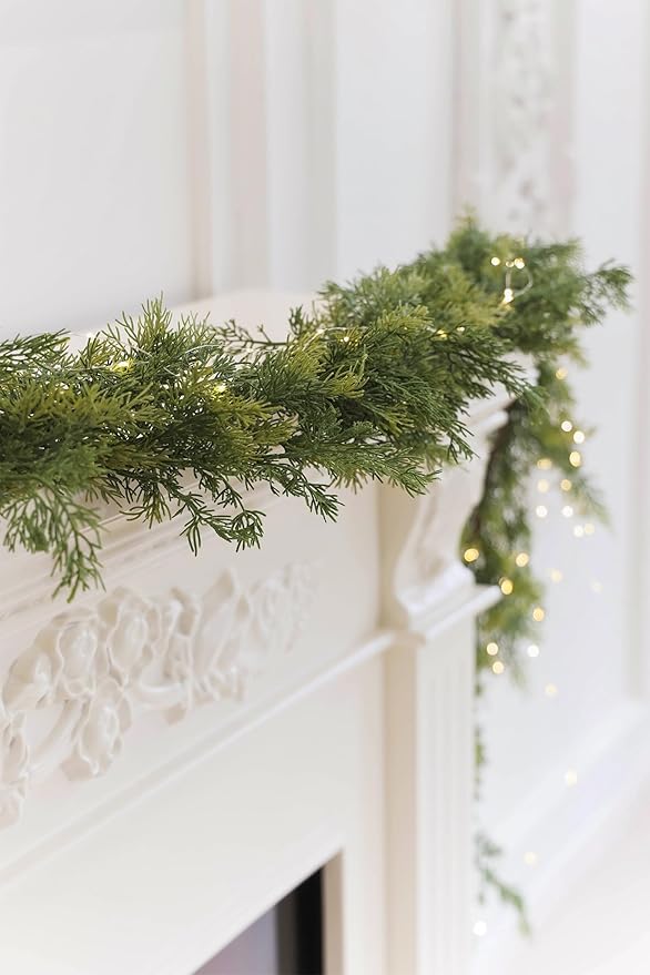 MISSPIN Christmas Garland with Lights, Real Touch Winter Pine Garland, Green Artificial Greenery Garland for Table, Mantle, Wall, Indoor, Outdoor Christmas Decorations