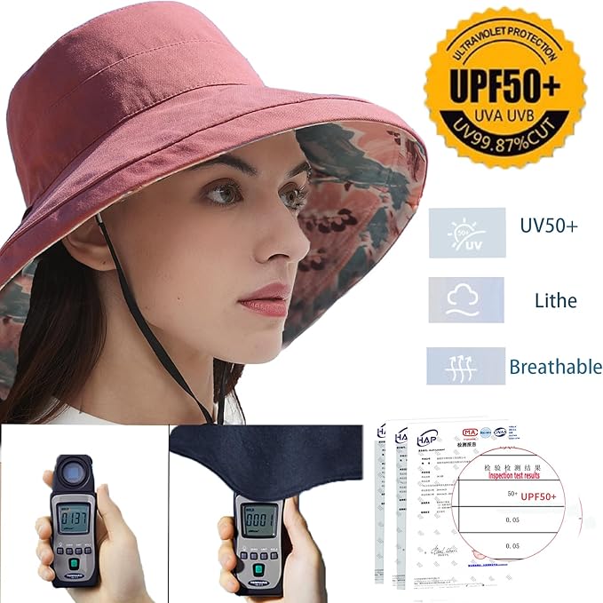 vidsel Womens Sun Hats Wide Brim Reversible Bucket Cotton Hat Packable Summer Travel Cap with Hat Clip,UV Protection