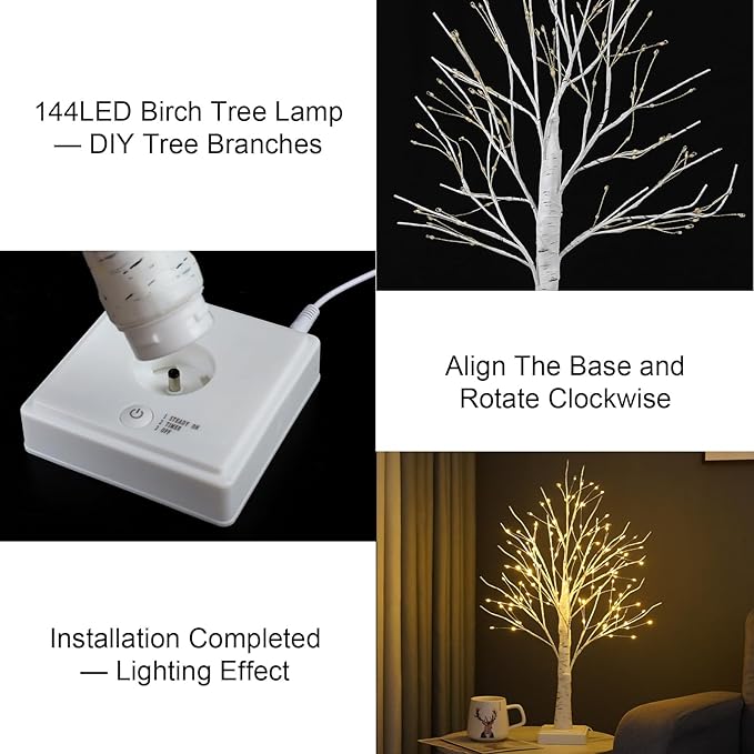 2 Pack 144 LED Artificial Tree Lamp with Timer, DIY Birch Tree with LED Lights, Lighted up Tree Lamp USB/Battery Powered, Fairy Light Spirit Tree for Table Home Bedroom Christmas (Warm White)