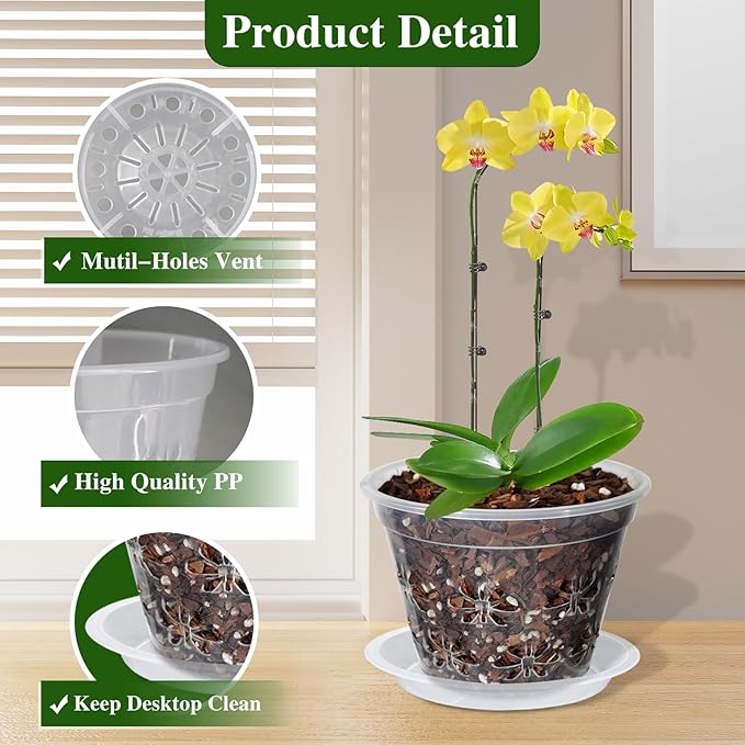 Orchid Pot, 8 Pack Orchid Pots with Holes & Saucers, Clear Plastic Pot for Repotting, Breathable Ventilation Planters for Phalaenopsis, Dendrobium & Oncidium Orchids(4 inch, Blue)