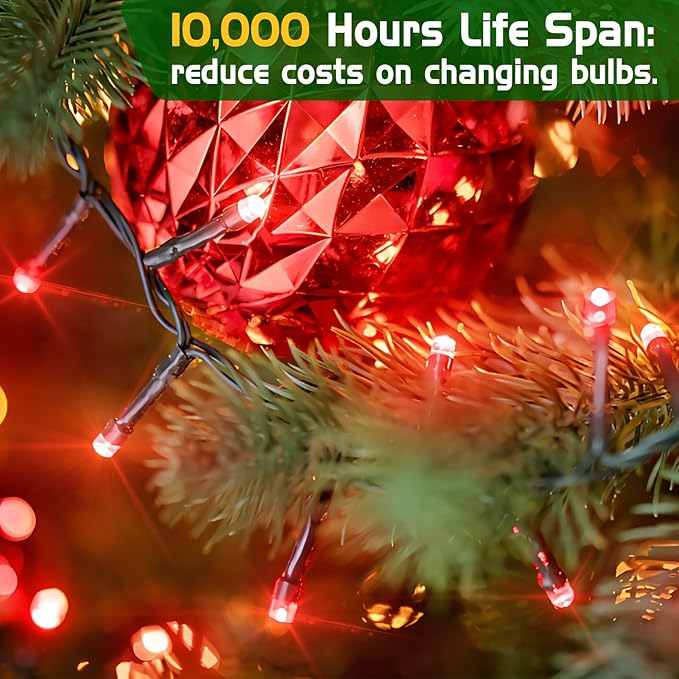 XURISEN Christmas Lights Outdoor 197FT 500 LED Green Wire String Lights 8 Modes with Timer Memory Waterproof Fairy Light Plug in for Xmas Tree Wedding Yard Party Holiday Decorations(Red)