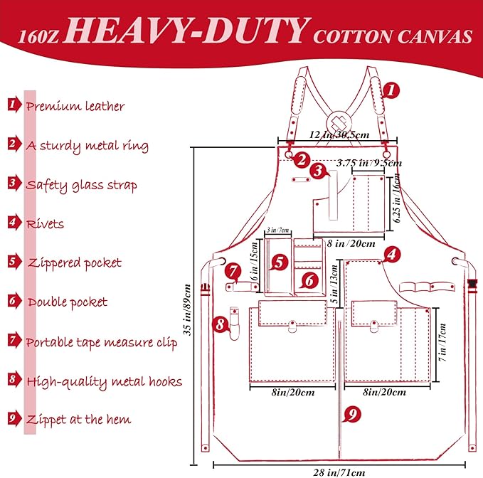 Woodworking Apron, Tool Apron, Canvas, Multiple Pockets, Adjustable Zipper, Metal Ring, Tape Measure Clip, Plus Size, Red