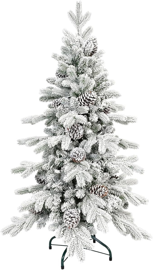 5 FT Snow Flocked Slim Fir Christmas Tree with 671 PE & PVC Mixed Branch Tips,Unlit Artificial Skinny Pencil Xmas Tree with 25 Pine Cones,Hinged Premium Xmas Trees for Home,Office,Party Decoration