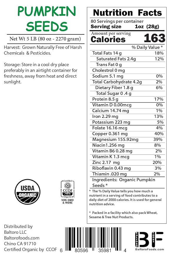 Organic Pumpkin Seeds- Raw, Non-GMO, No shell Unsalted Vegan Bulk (5LB)