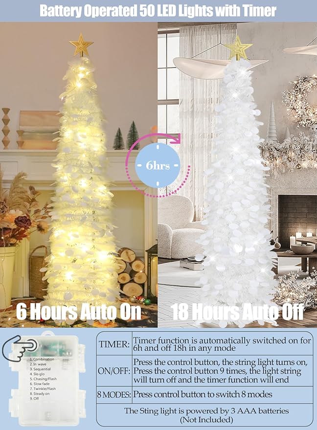 HMASYO 5 FT Pop Up Christmas Tree with Timer Lights, White Christmas Tinsel Tree, Collapsible Artificial Pencil Christmas Tree for Indoor Home Apartment Porch Holiday Party Decorations