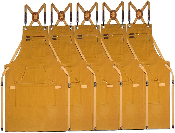 5 Pack Kitchen Aprons, Work Apron, Canvas, Multiple Pockets, Gardening, Painting, BBQ, Artist, Carpenter, Sizes M to XXL, Khaki