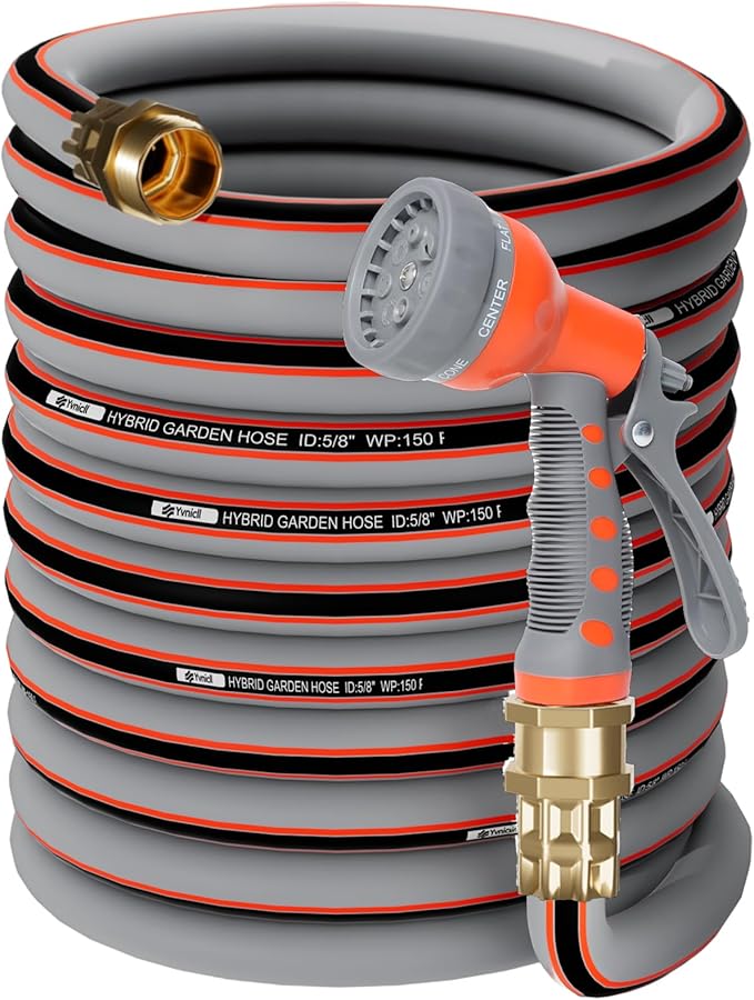 Garden Hose 100 ft 5/8, Rubber Water Hose Heavy Duty, Outdoor No Kink Hose, Hybrid Durable Hose for Yard Lawn with Sprayer Nozzle and 3/4'' Brass Solid Fittings