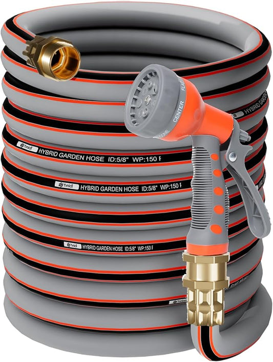 Garden Hose 100 ft 5/8, Rubber Water Hose Heavy Duty, Outdoor No Kink Hose, Hybrid Durable Hose for Yard Lawn with Sprayer Nozzle and 3/4'' Brass Solid Fittings