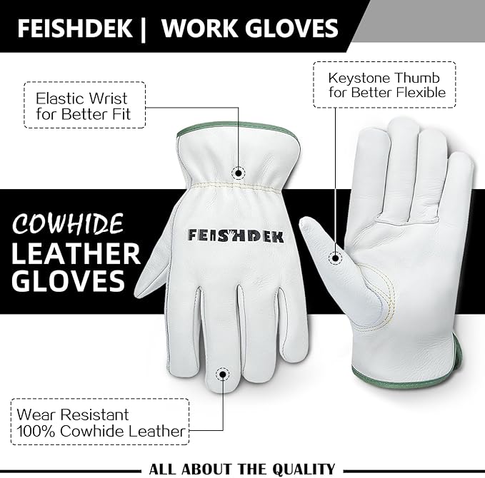 Cowhide Leather Work Gloves for Men & Women, Durable for Heavy Duty Construction, Gardening, Ranch, Farm Gloves