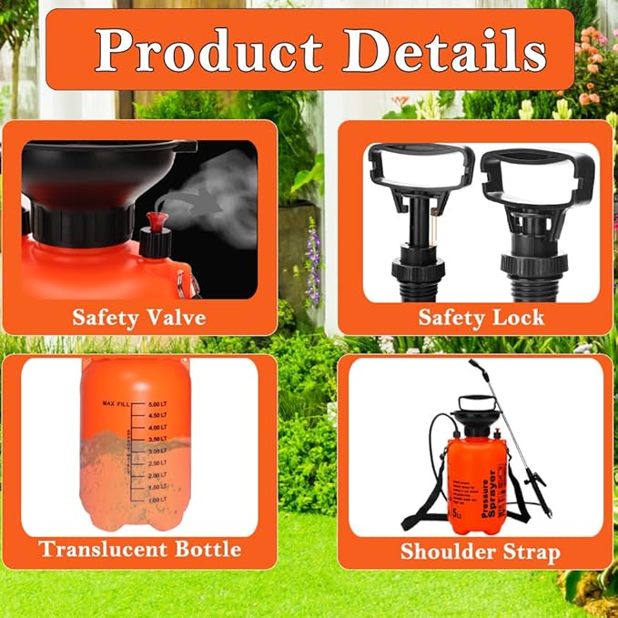 1.3Gal/5L Garden Sprayer, Pressurized Water Spray Bottle with Adjustable Shoulder Strap Pump Pressure Sprayer (Orange-5L)