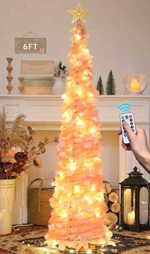 HMASYO 6 FT Pop Up Christmas Tree with 100 LED Lights & Remote, Pink Christmas Tinsel Tree, Collapsible Artificial Pencil Tree for Home Office Party Decor, USB Powered Timer Lights, Easy Assembly
