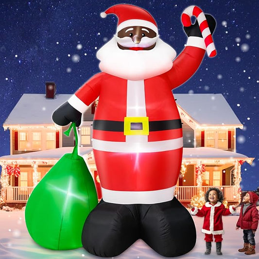 12 Ft by 7.5 Ft Giant Black Santa Christmas Inflatable Outdoor Decoration, Santa Claus Blow Up Inflatable with Candy Cane Gift Bag, Black Christmas Yard Decor Built-in LED Light for Xmas Lawn Garden