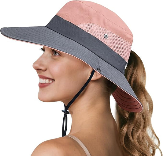 NPQQUAN Ponytail Sun Bucket Hats for Women Men Wide Brim UPF 50+ Fishing & Beach Hats