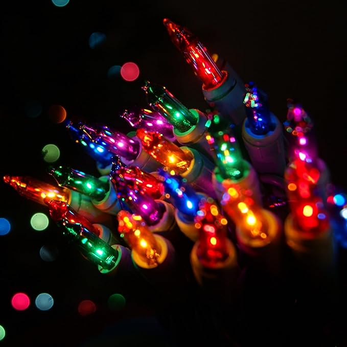 YULETIME 200 Multicolor Christmas Lights, Pack of 2 Strands of 21 ft 100 Count UL Certified Incandescent Mini String Light (Multicolor - Green Wire)